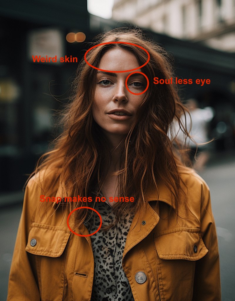 Image 1 annotated in red: weird skin across the forehead, a soulless eye, and a jacket snap that makes no sense.