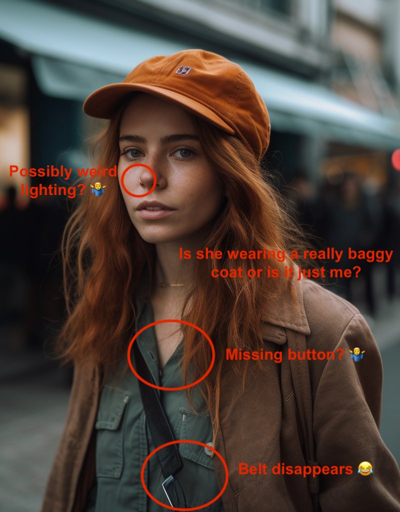 Image 4 annotated in red: possibly weird lighting on the nose, an oddly baggy coat, a missing button, and a belt that disappears.