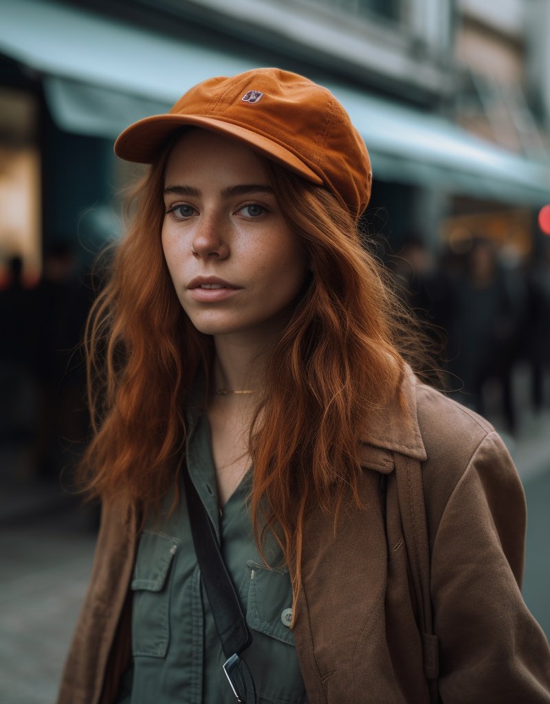 A red-haired woman in an orange cap and brown coat over a green shirt, on a busy street.